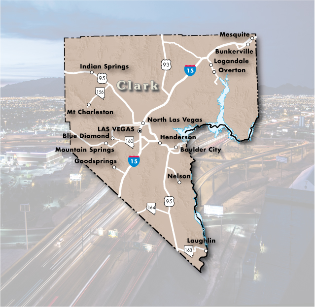 Map of Clark County showing Las Vegas, Henderson, Boulder City, Mesquite, and surrounding communities